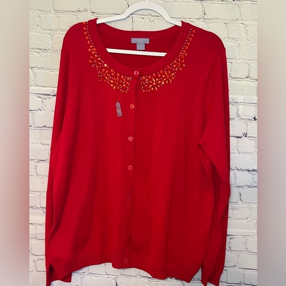 Laura Scott Woman red cardigan beaded collar button up size 1x - Picture 1 of 10